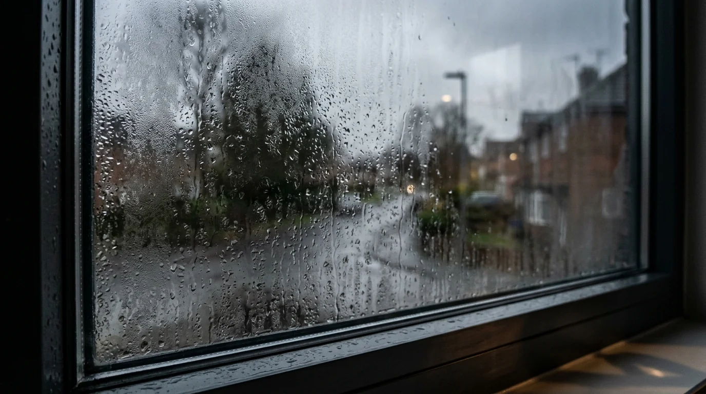 Forte condensation et buée sur une vitre en double vitrage le matin