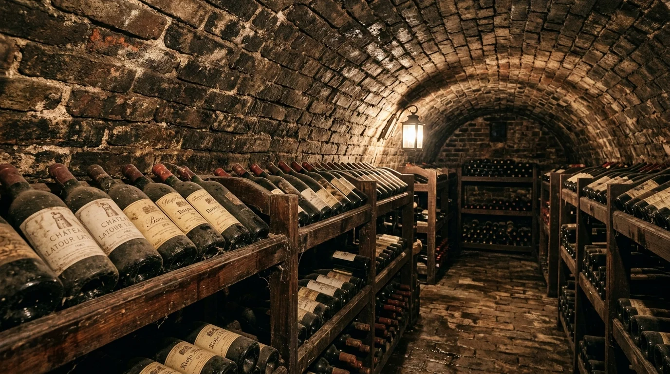 Bouteilles de vin stockées dans une cave voûtée en brique