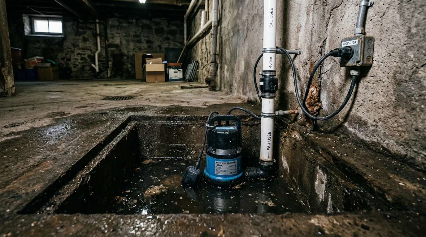 Installation d'un puisard et d'une pompe de relevage automatique dans une cave