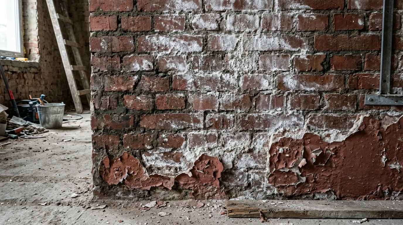 Dépôts de salpêtre blanc sur un mur intérieur en brique rouge