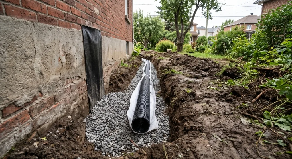 Pose de drain périphérique extérieur avec tuyau perforé et lit de gravier le long des fondations