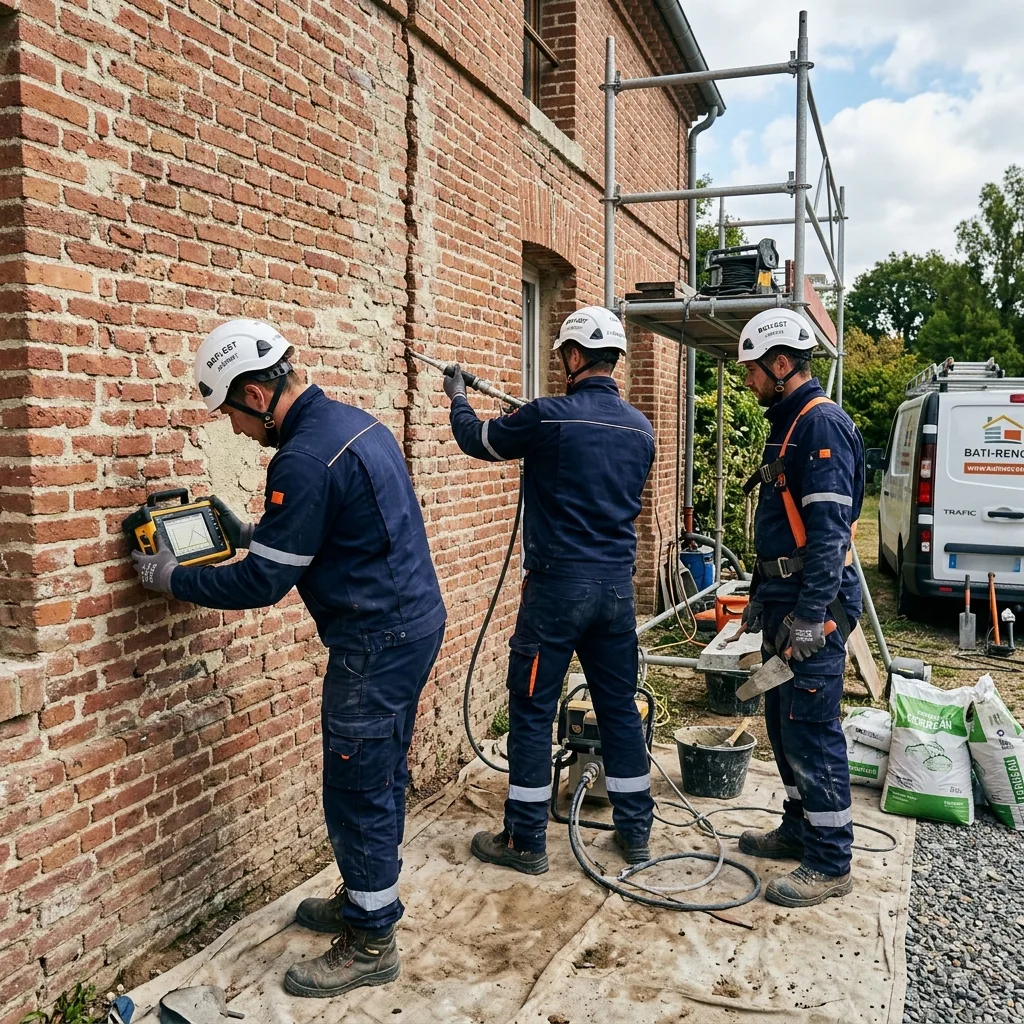 L'équipe de 3 artisans qualifiés HumidiNord en intervention technique sur un mur de briques