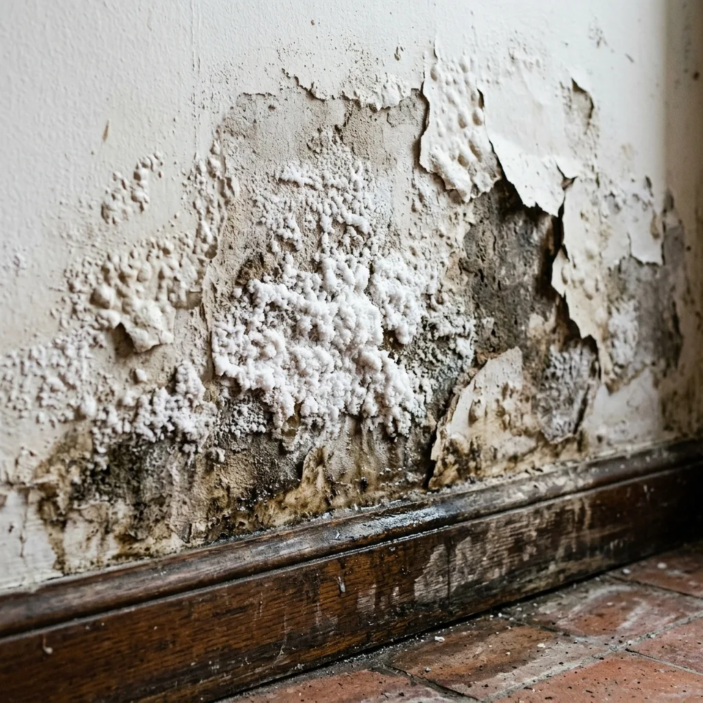Mur intérieur détérioré par le salpêtre et cloquage des peintures lié aux remontées capillaires