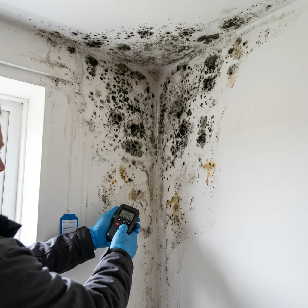 Taches noires de moisissures de condensation sur plâtre et plafond de logement